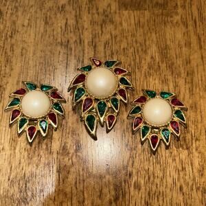 MOGHUL Rhinestone Pearl GOLD Tone Statement Clip EARRINGS & Brooch Emerald Ruby